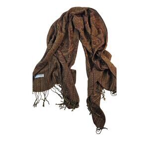 Pashimina and silk paisley scarf wrap EUC neutral brown silky tassels cashmere +